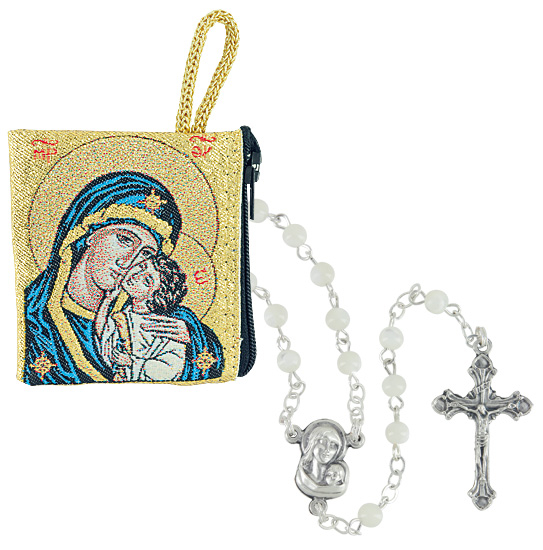 ROSENKRANZSET PERLMUTT MIT BROKATBEUTEL